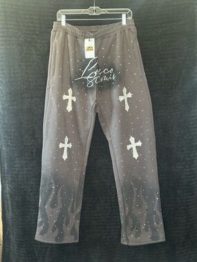 Locco St Louis Rhinestone Cross Sweatpants Gray Flame Graphic NWT